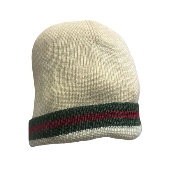 GUCCI Off White Ribbed Knit Wool Silk Blend Beanie Snow Cap Web Sherry Line Ex+ main image 4